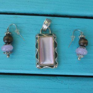 Silvertone Pink Pendant with Matching Earrings
